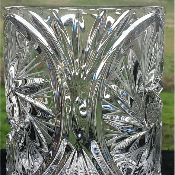 Pinwheel Hand Cut Etched Lead Crystal Vase Candle Holder Poland 4.5" bisquit jar - Picture 3 of 11